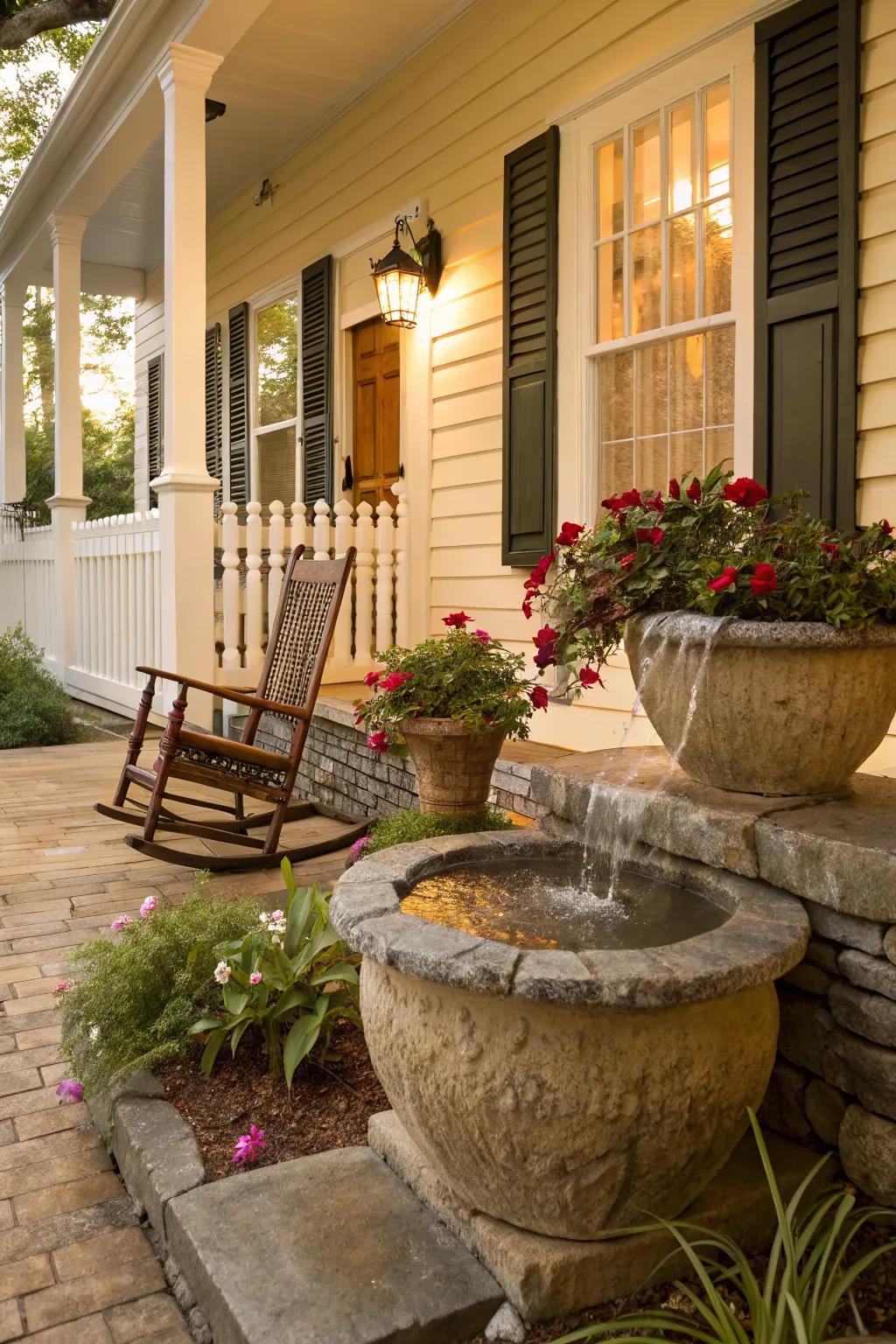 Natural stone accents bring a refined, timeless elegance to the porch.