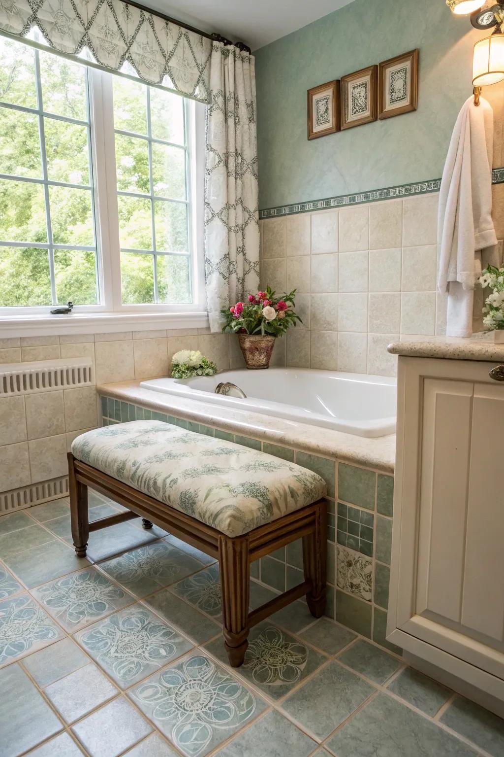 A seating area adds comfort and functionality to your spa bathroom.