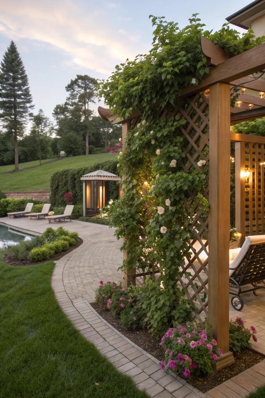 Trellises with climbing plants add lush vertical interest.