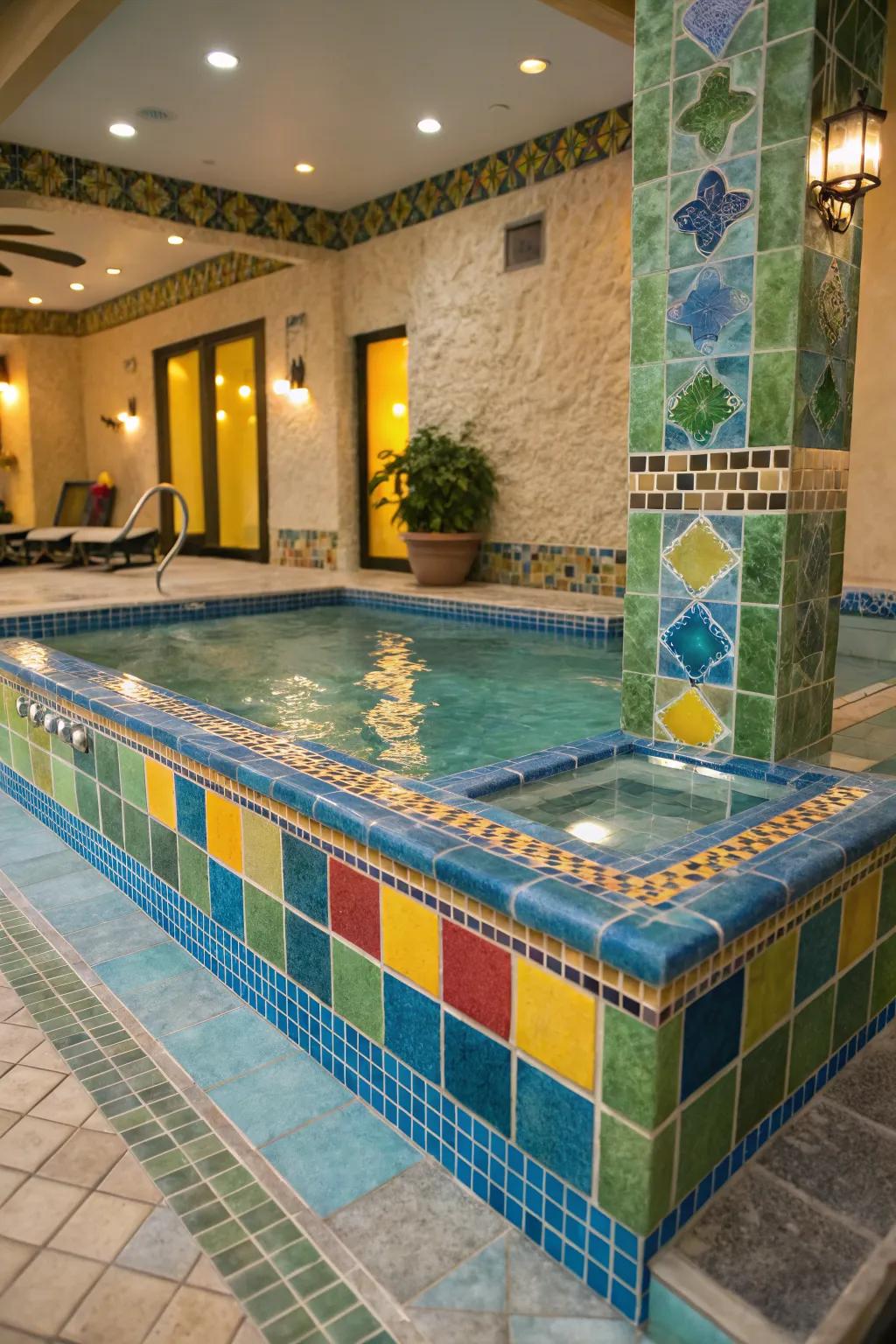 Colorful tiles bring a playful and personalized touch to your spa spillover.