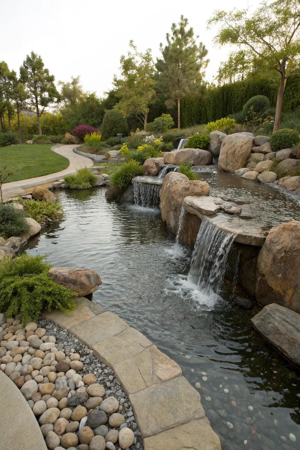 Zen garden spillways provide peace and mindfulness.