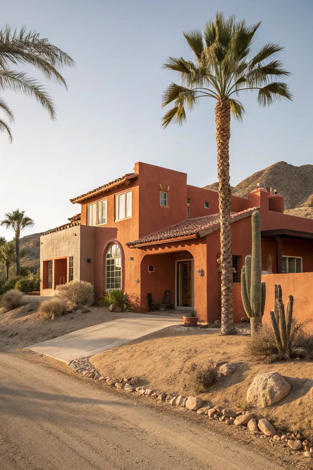 Desert hues of terracotta and sand create a warm, inviting facade.
