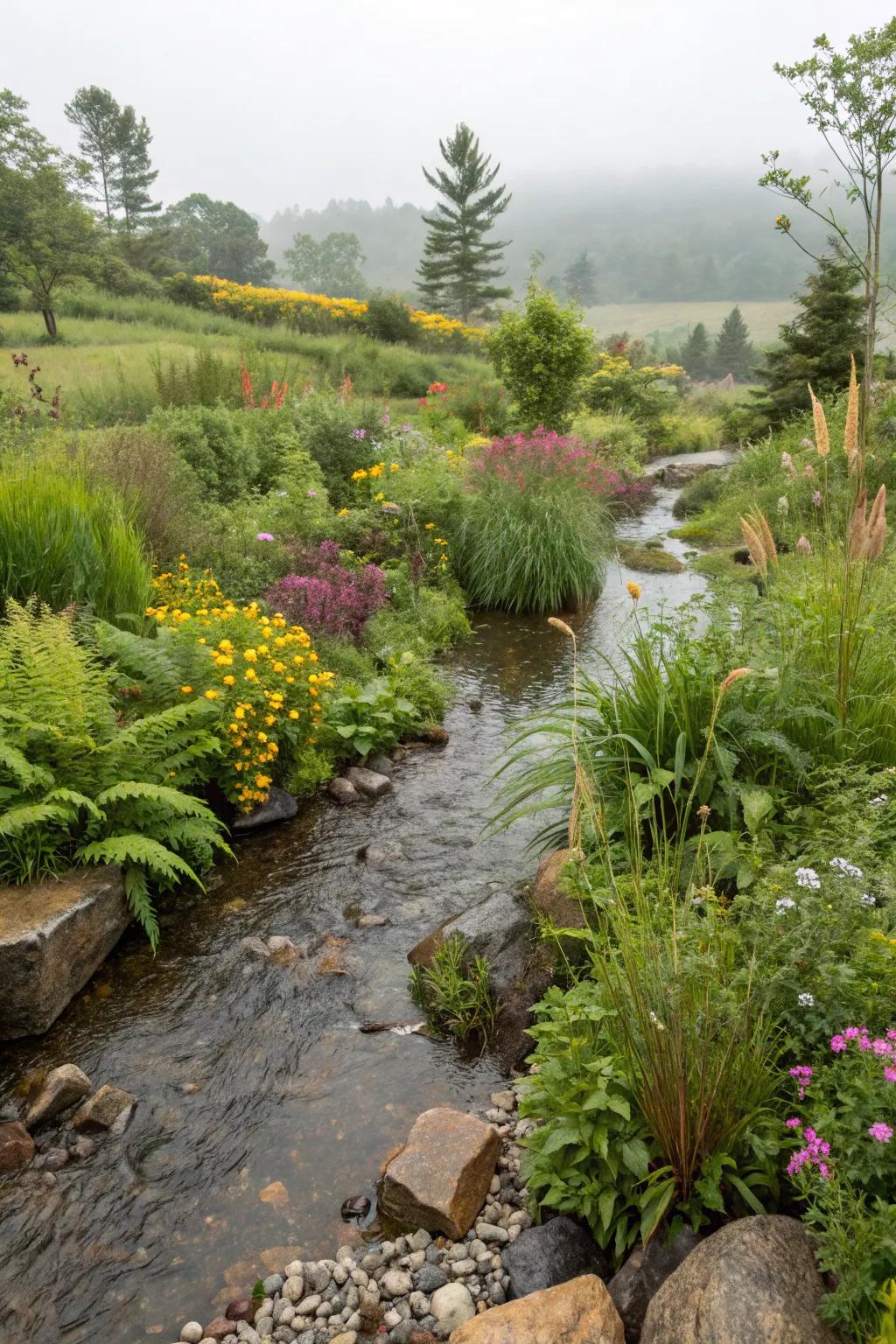 A rain garden offers an eco-friendly solution with natural beauty.
