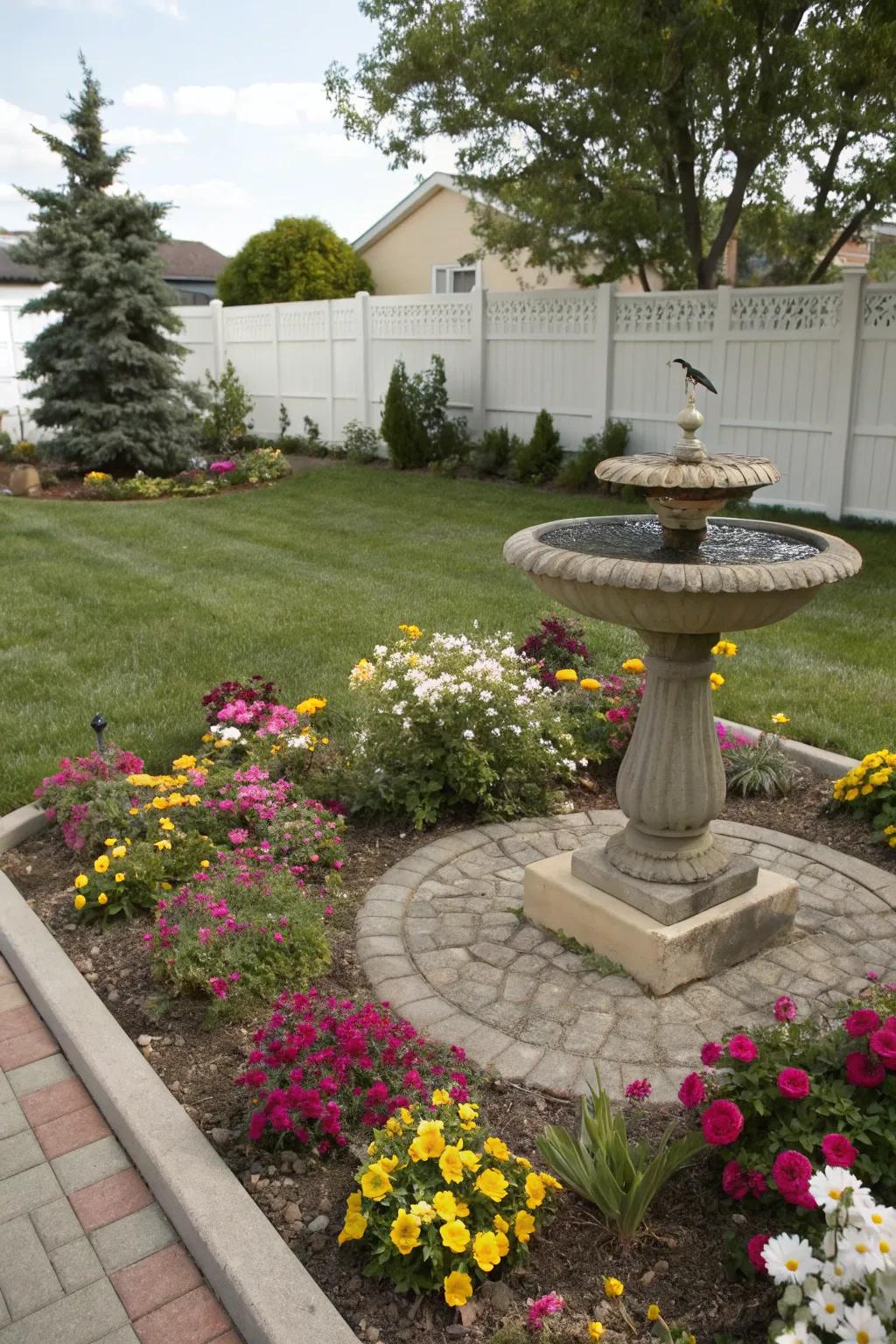 A bird bath invites wildlife and adds charm.