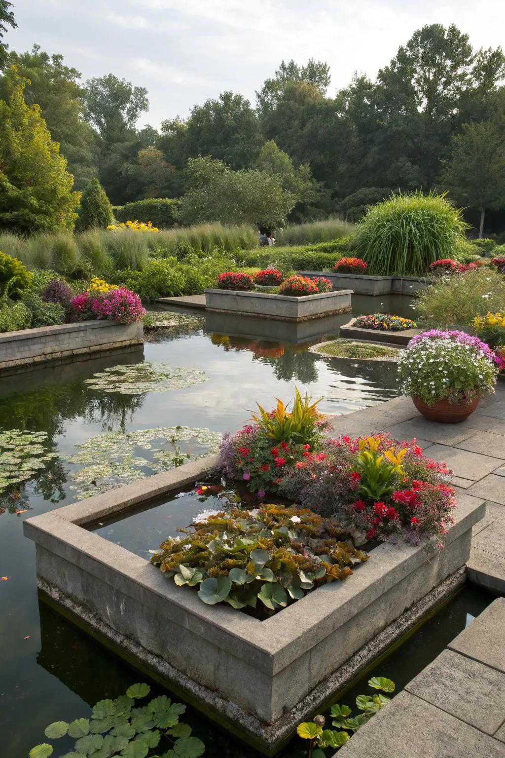 A square pond with integrated planters for a harmonious blend of water and greenery.