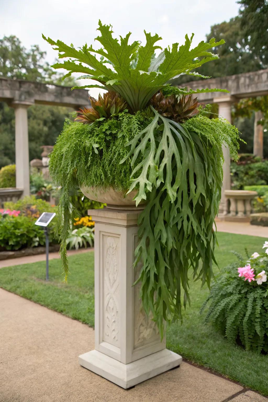 Make a statement with a staghorn fern on a standalone pedestal.