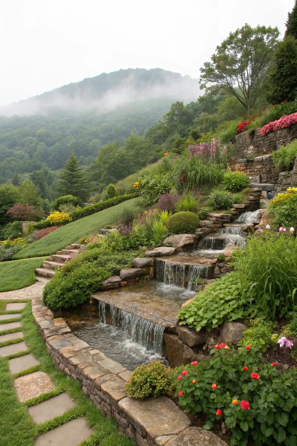 Stepped waterfalls add visual interest and tranquility.
