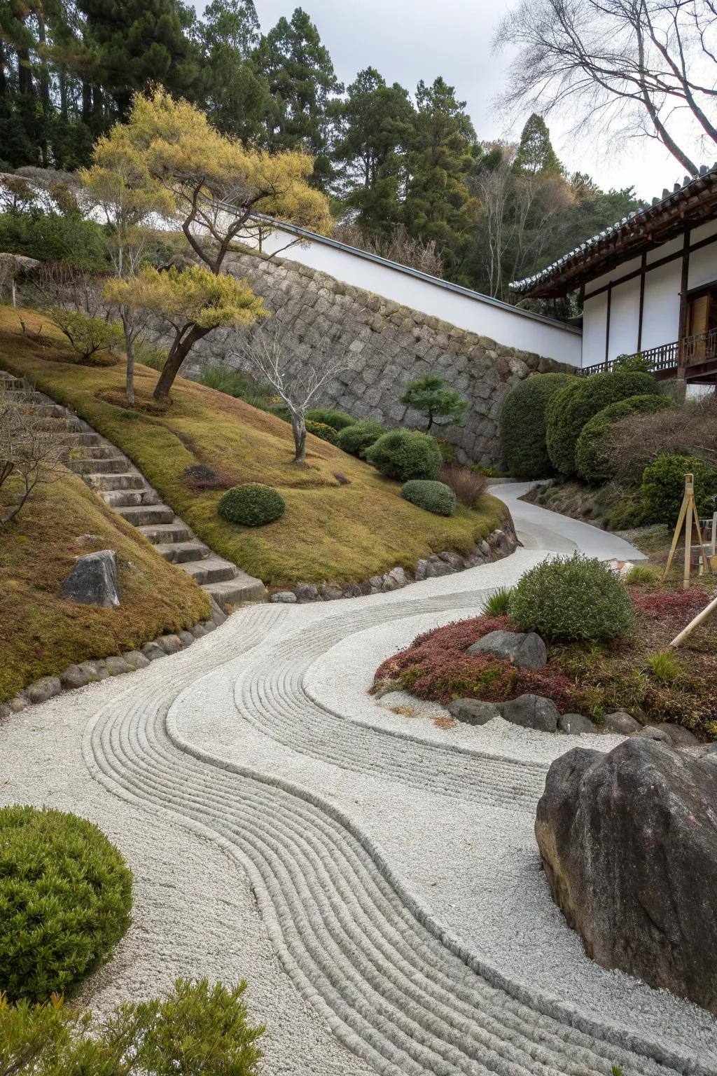 A serene Zen garden offering a peaceful escape on a slope.