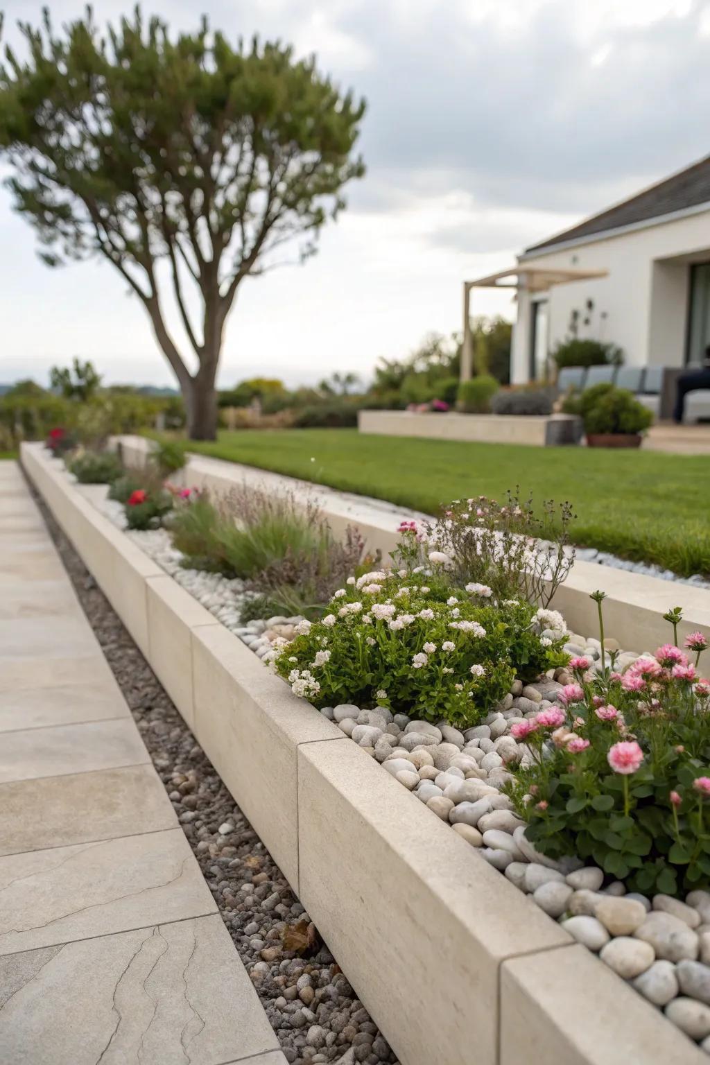 Minimalist pebble edging provides subtle definition.