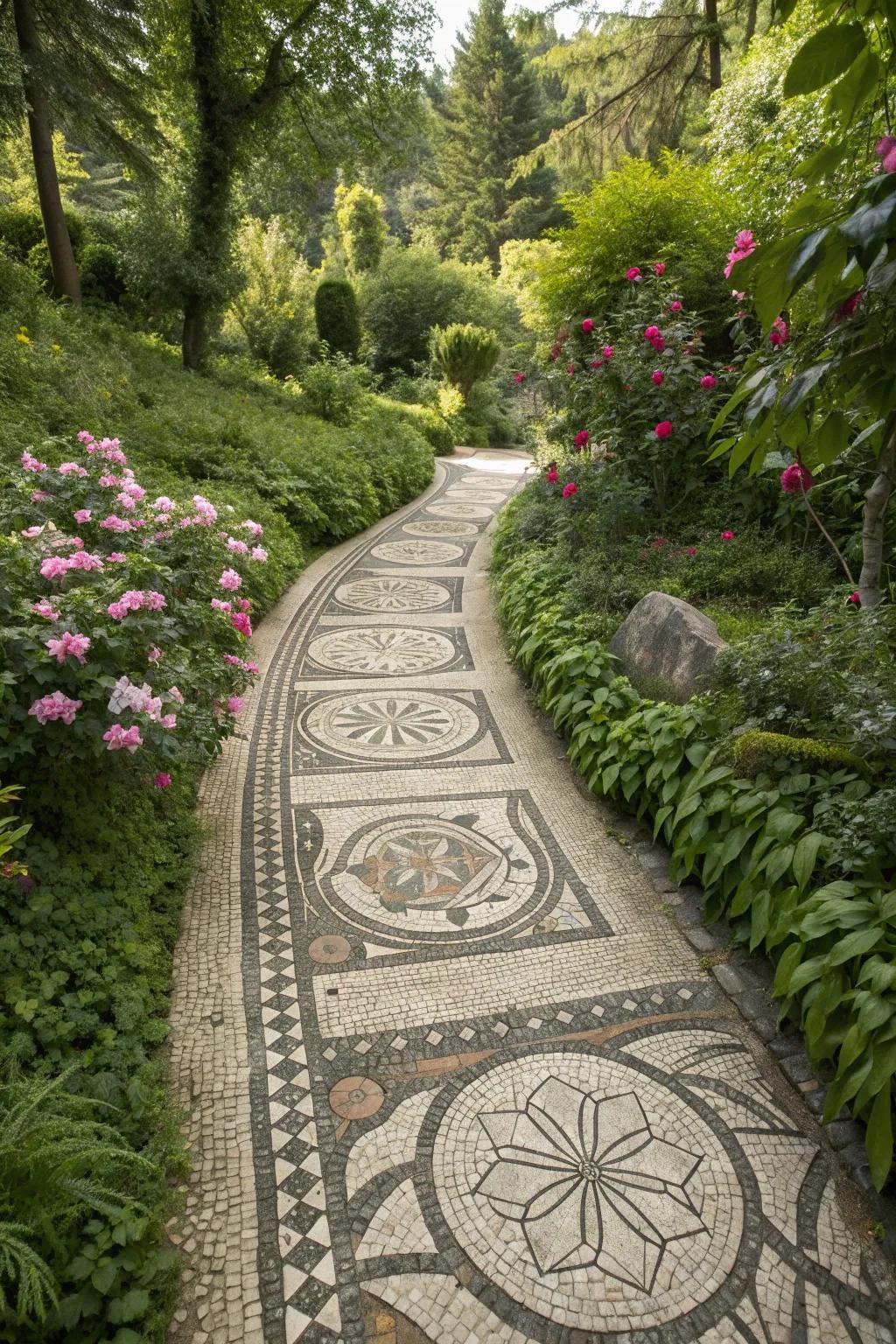 Stone mosaic patterns add a personalized touch to garden paths.