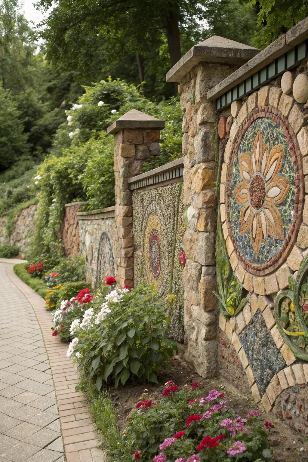 Stone mosaics bring art and color into garden design.