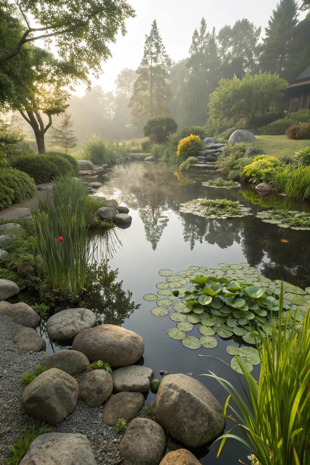 Stones harmoniously blending with a garden water feature for a natural look.