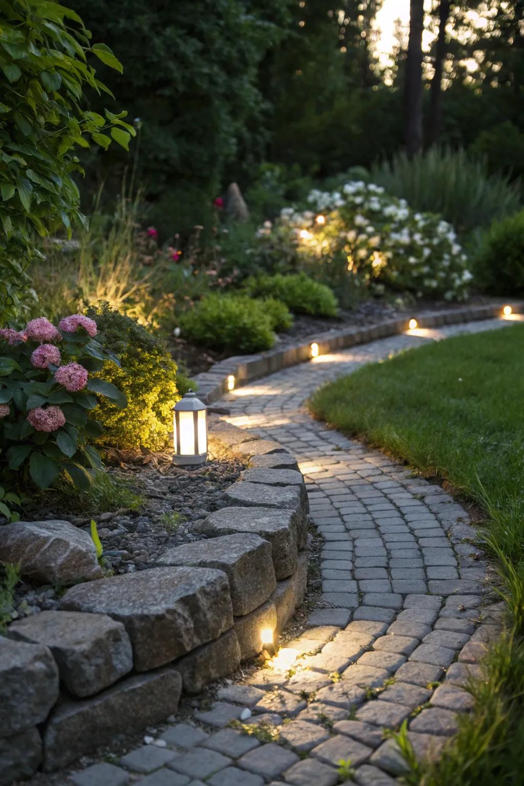 Enchanting night-time effects with illuminated stone edging.