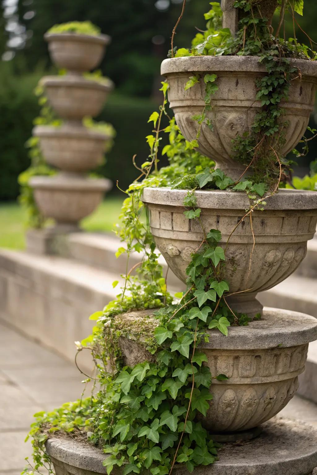 Climbing plants adorning stone planters, adding vertical greenery.