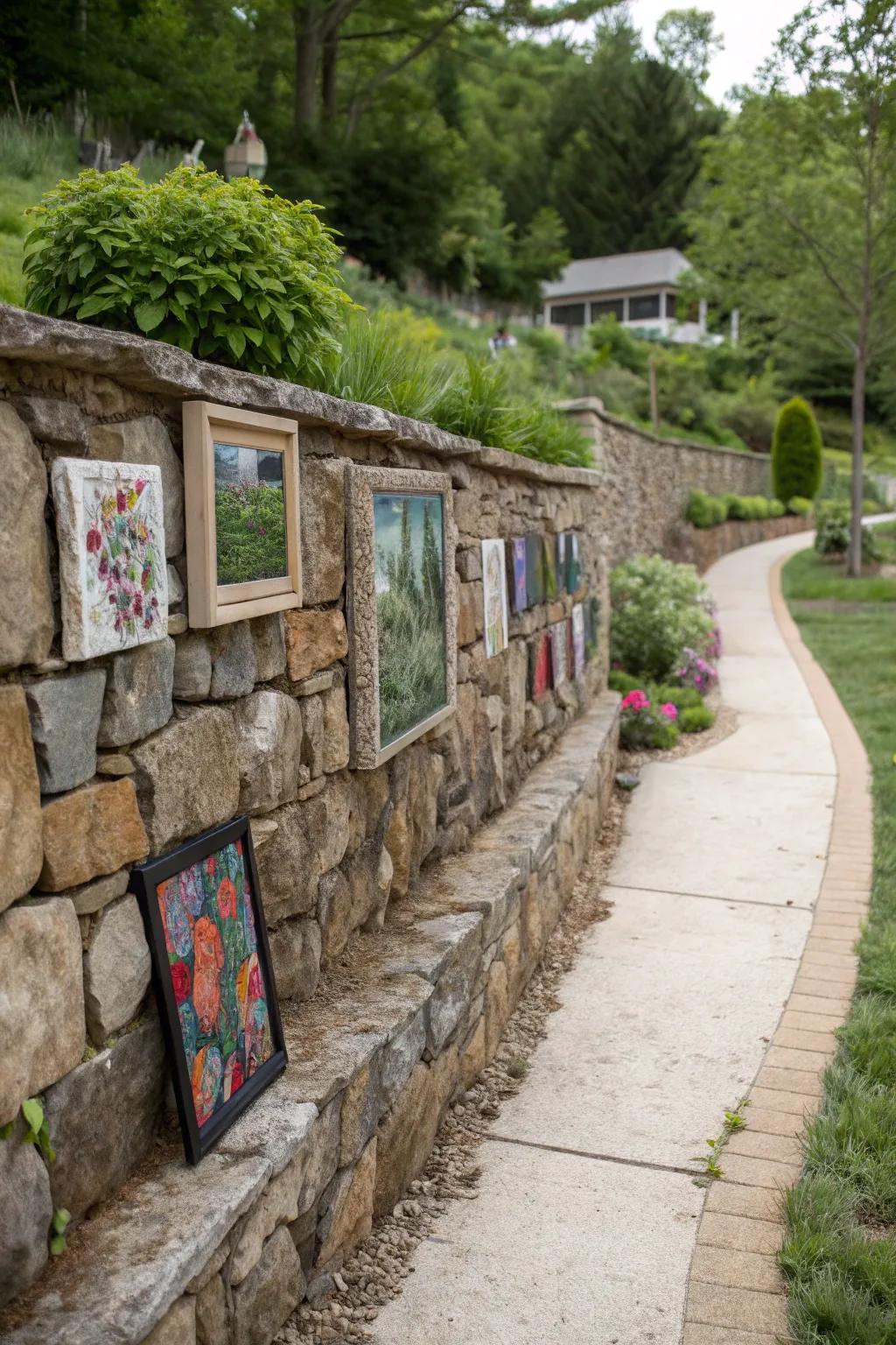 Art pieces integrated into a stone wall for a personalized touch.