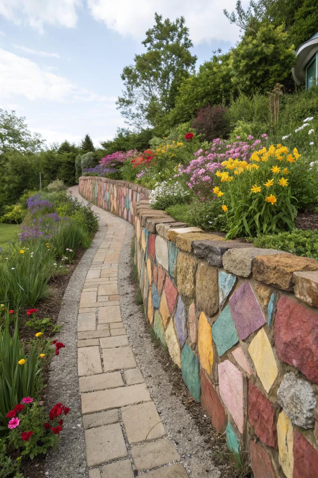 A patchwork of stones creating an artistic retaining wall statement.