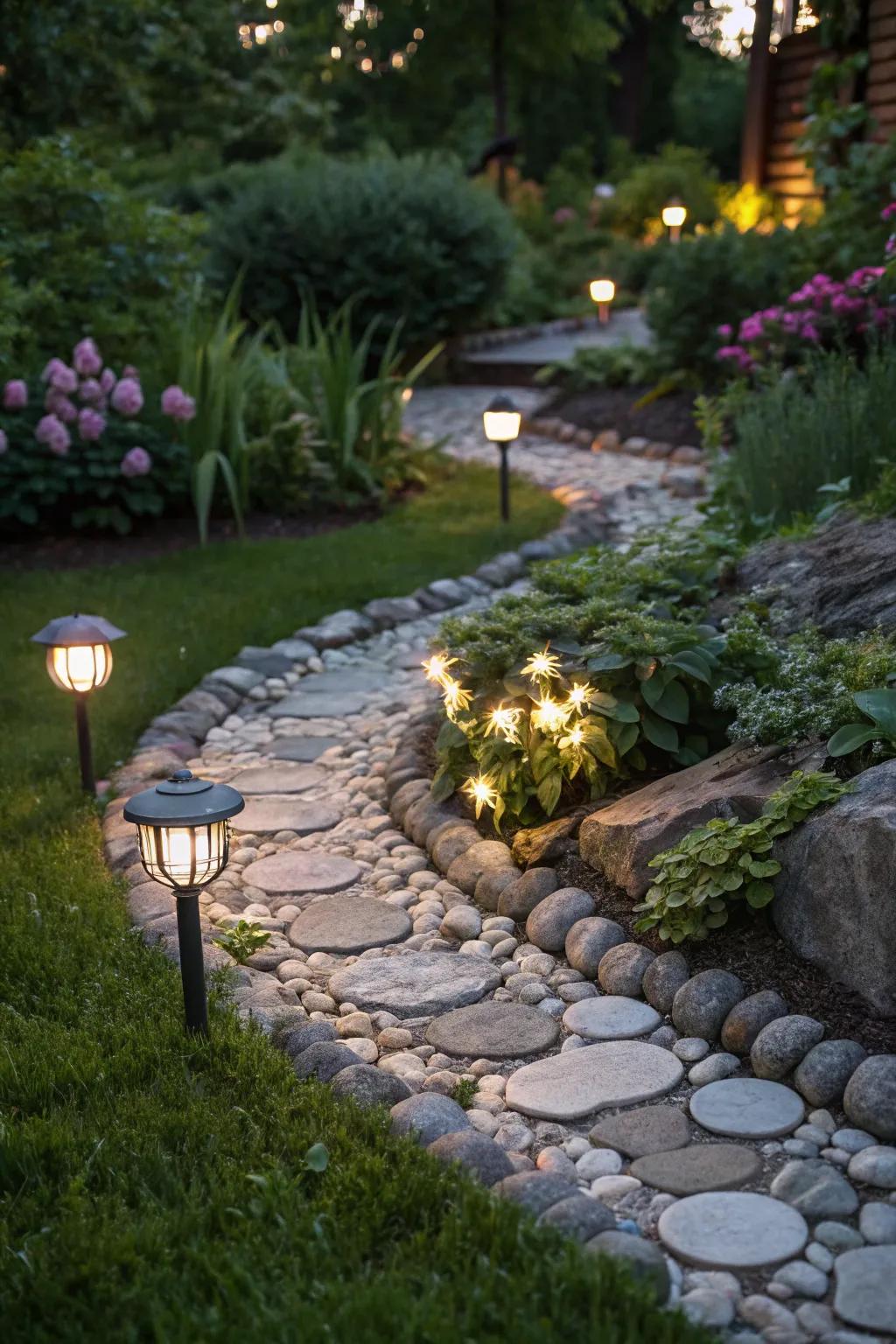Solar lights in stone borders create a magical nighttime glow.