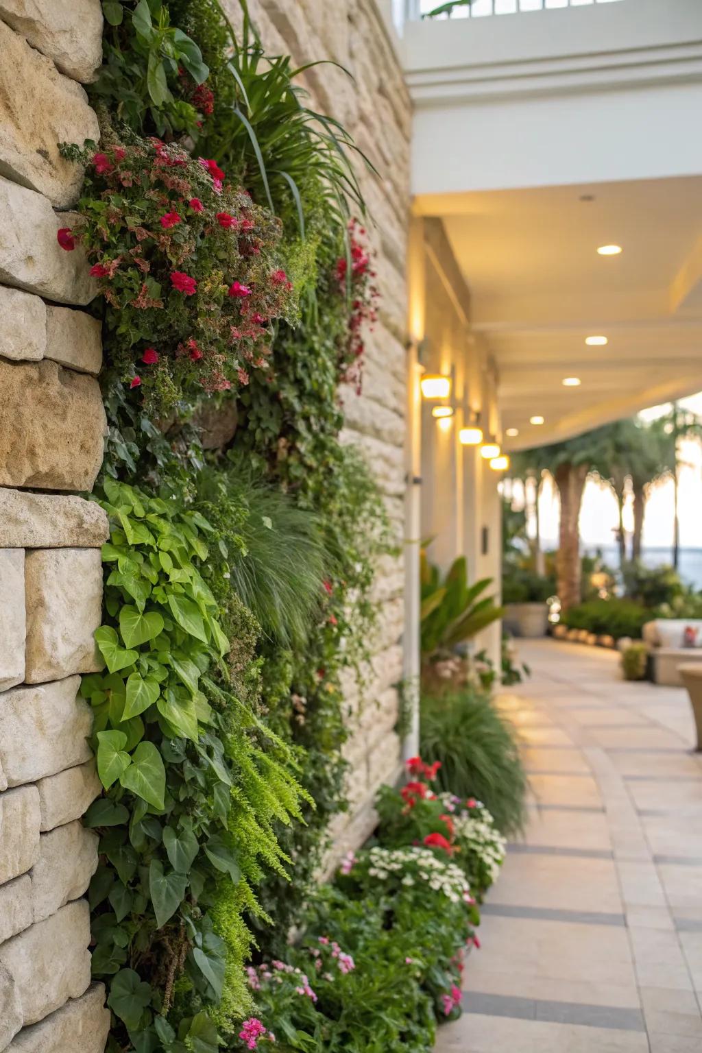 Vertical gardens within stone walls create a living, breathing facade.