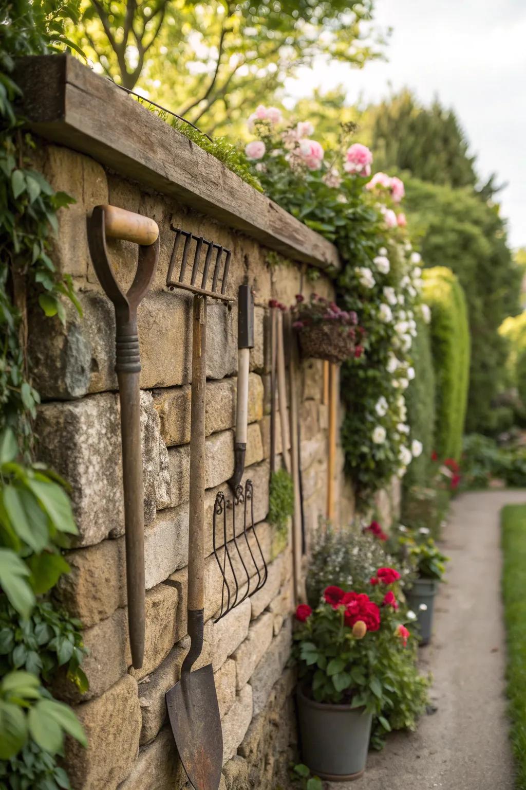 Add charm to your garden with decorative tool displays.