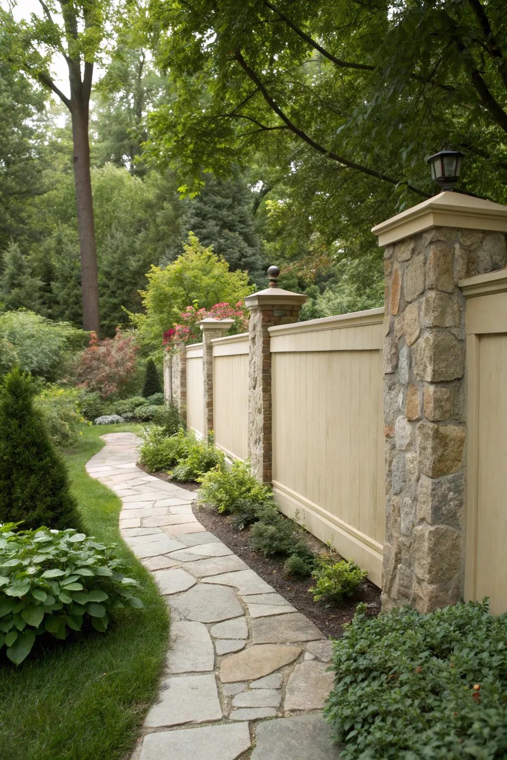 Stucco fence enhanced with natural stone accents.