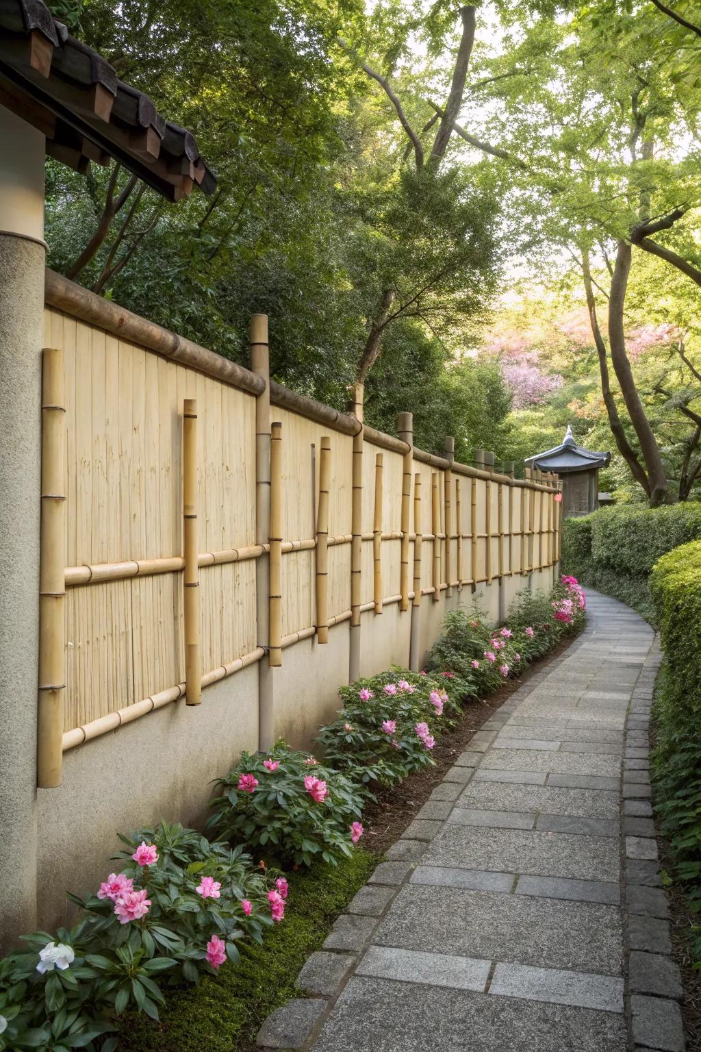 Stucco wall with elegant bamboo accents for a zen garden feel.