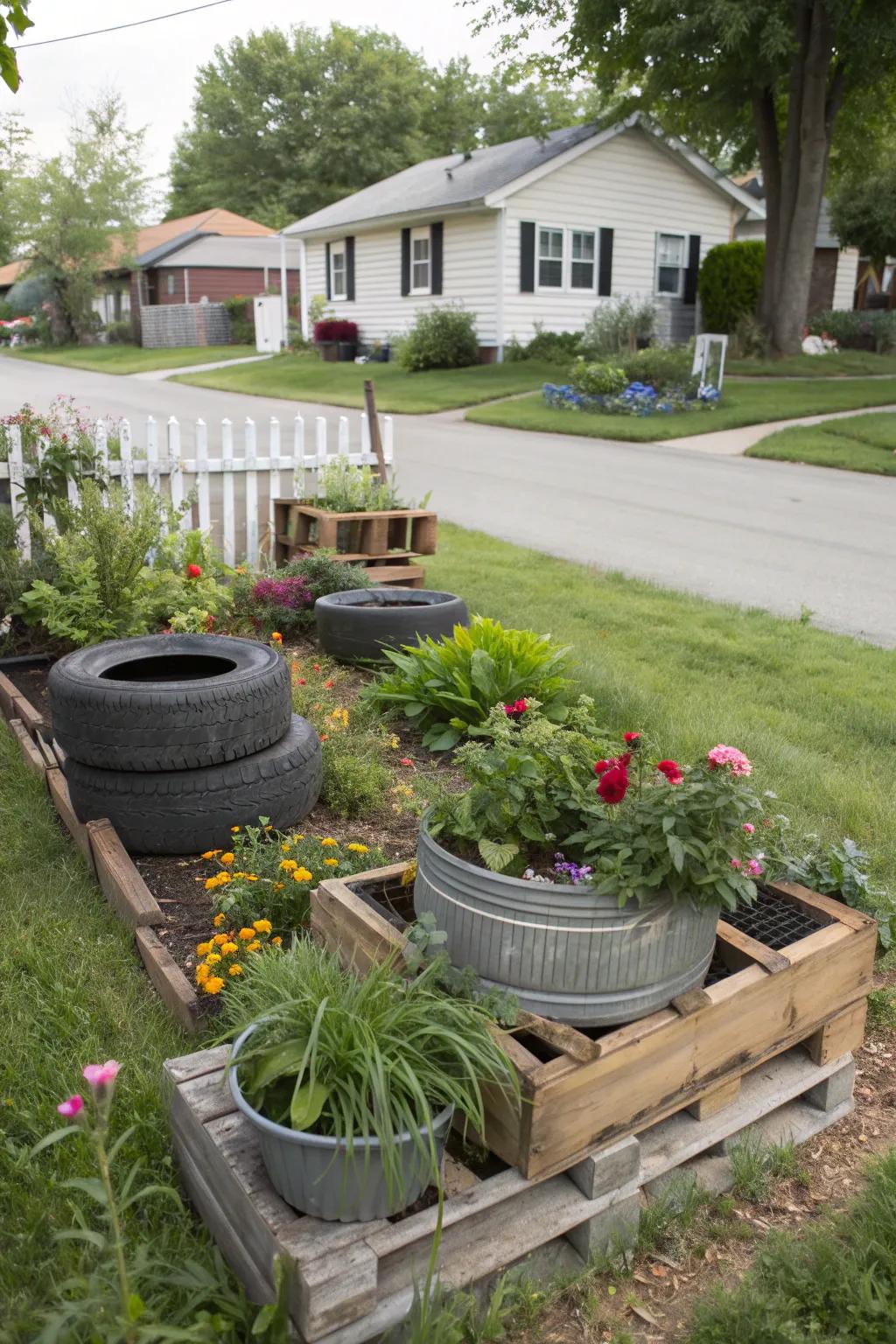 Repurposed materials add a unique and sustainable element to this landscape.