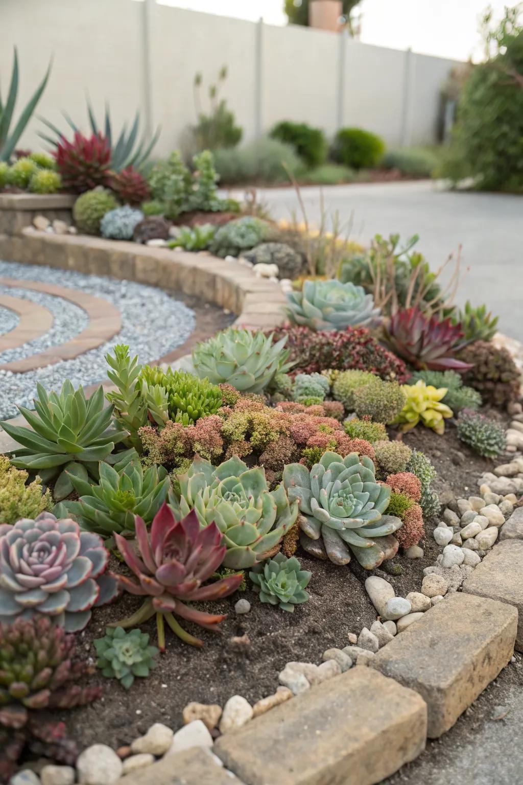 Spiral patterns add a dynamic element to succulent gardens