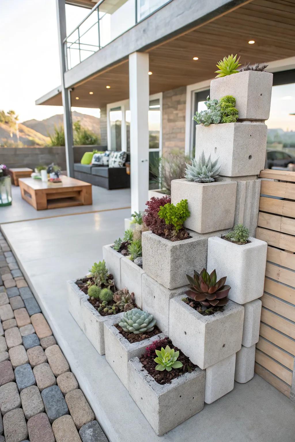 Cinder blocks create a versatile and modular planter system