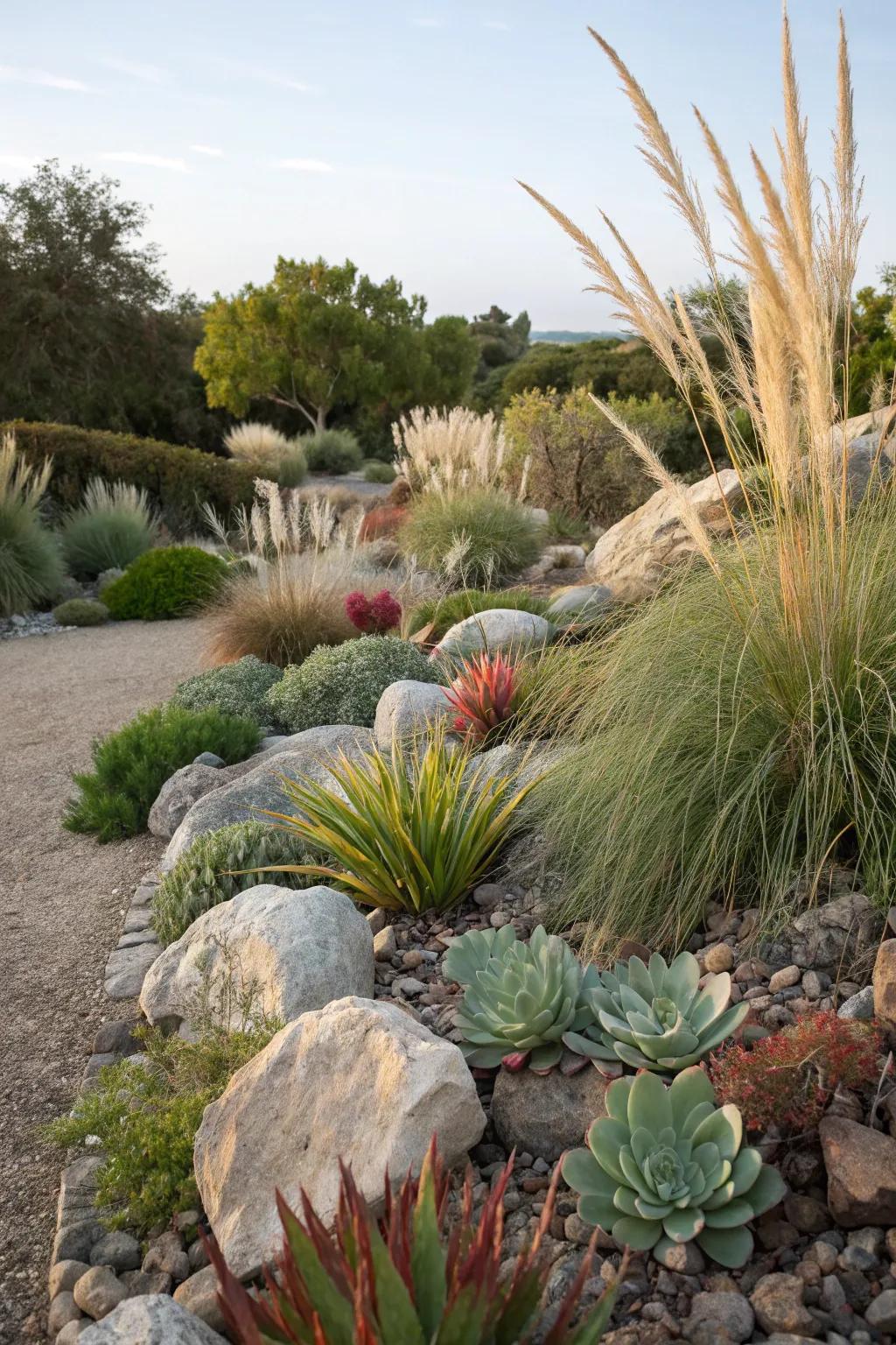Ornamental grasses add movement and contrast to the garden.