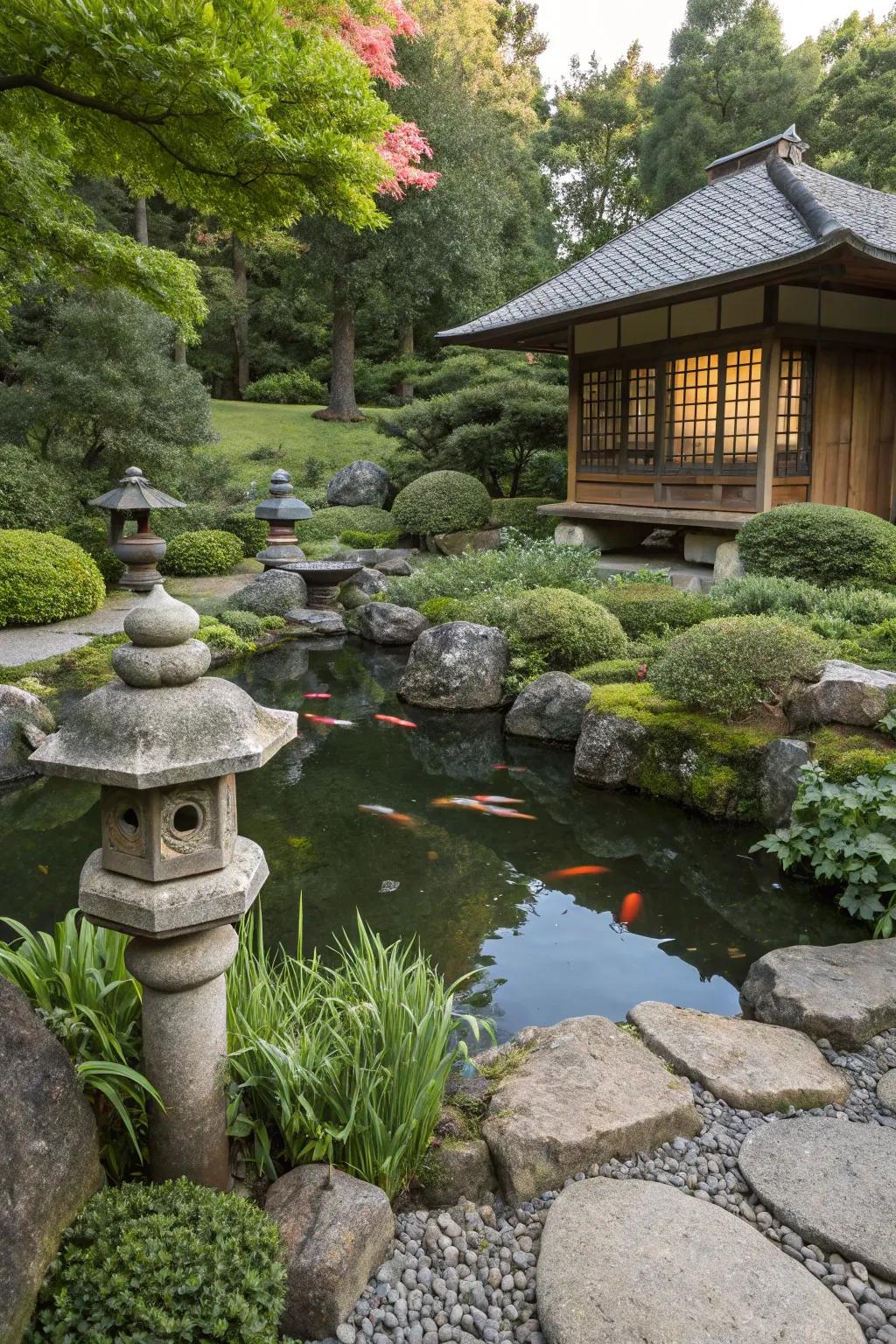 A tranquil Zen garden enveloping a serene summer house.