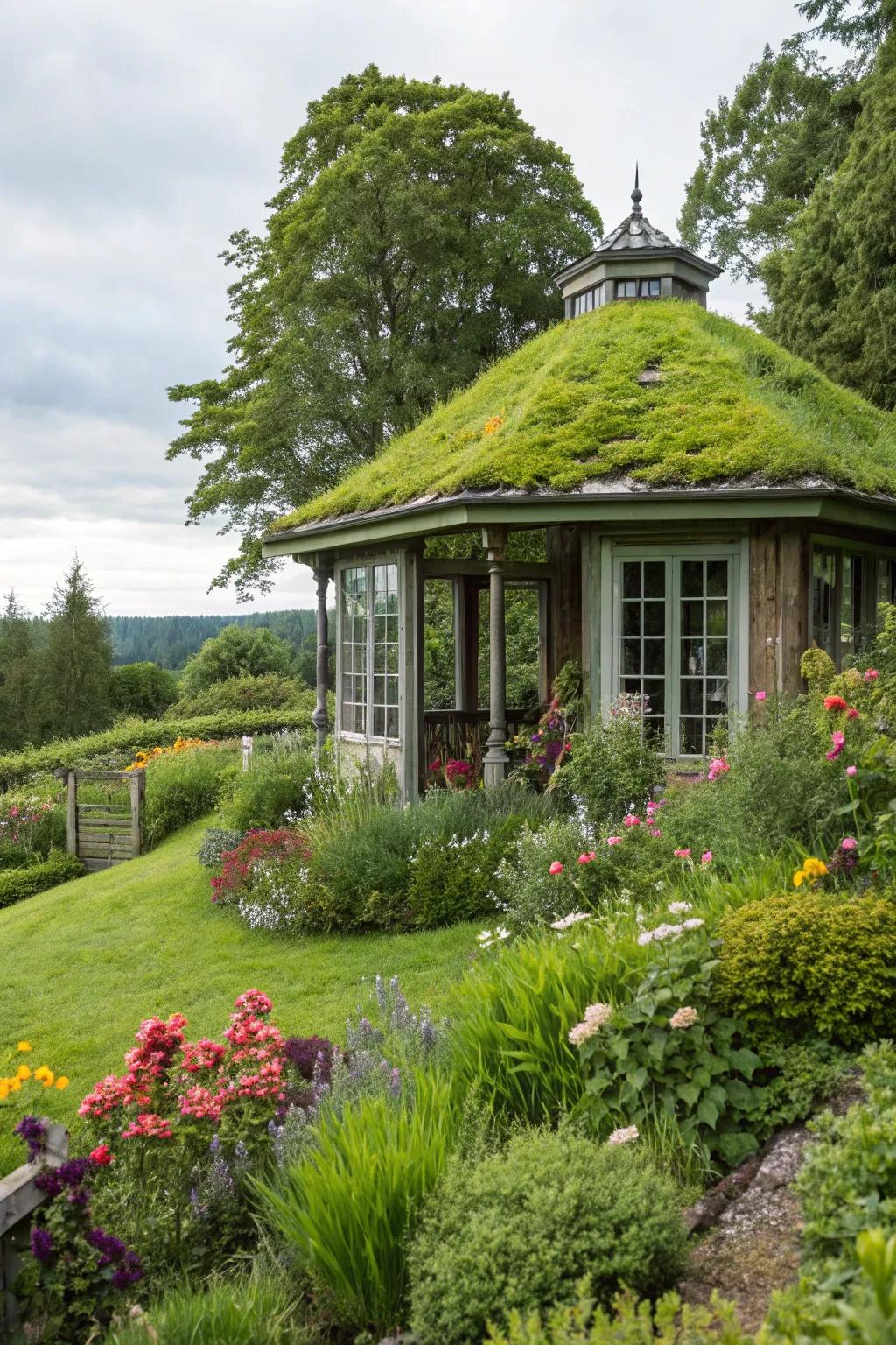 A summerhouse featuring a beautiful and functional green roof.