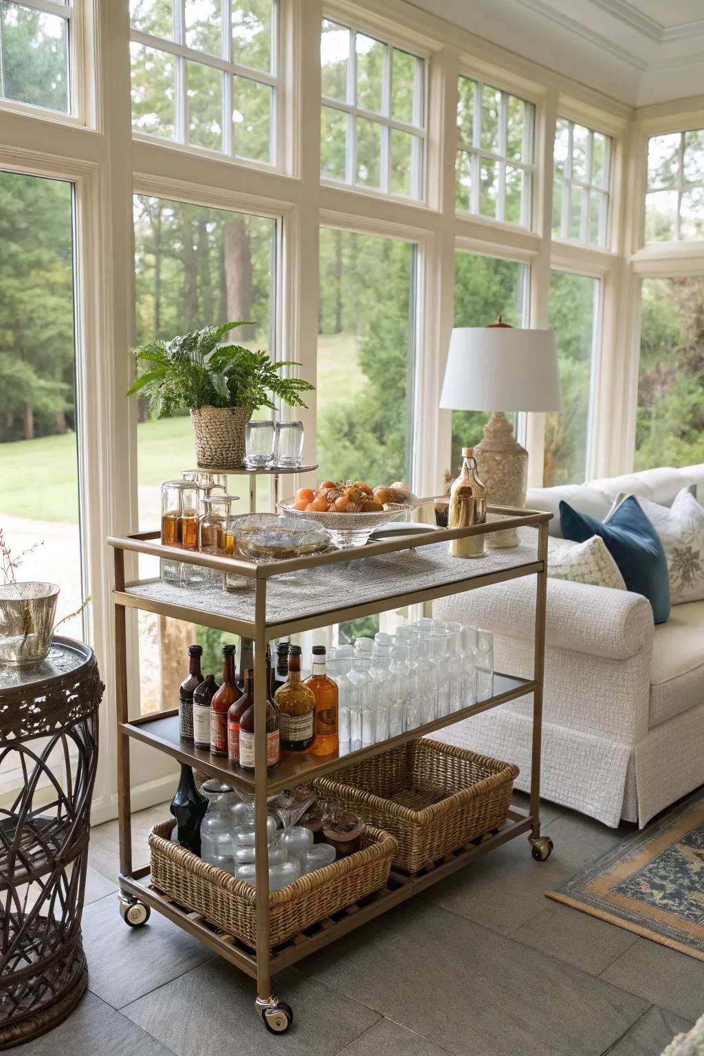 A bar cart makes entertaining in the sunroom stylish and easy.