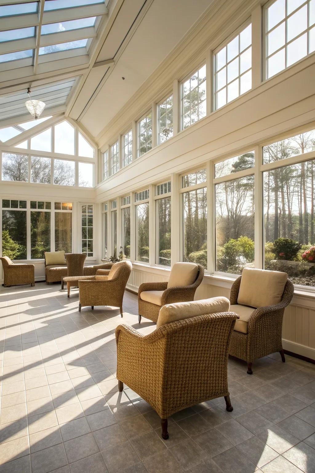 Armless chairs provide a streamlined and open feel to this sunroom.