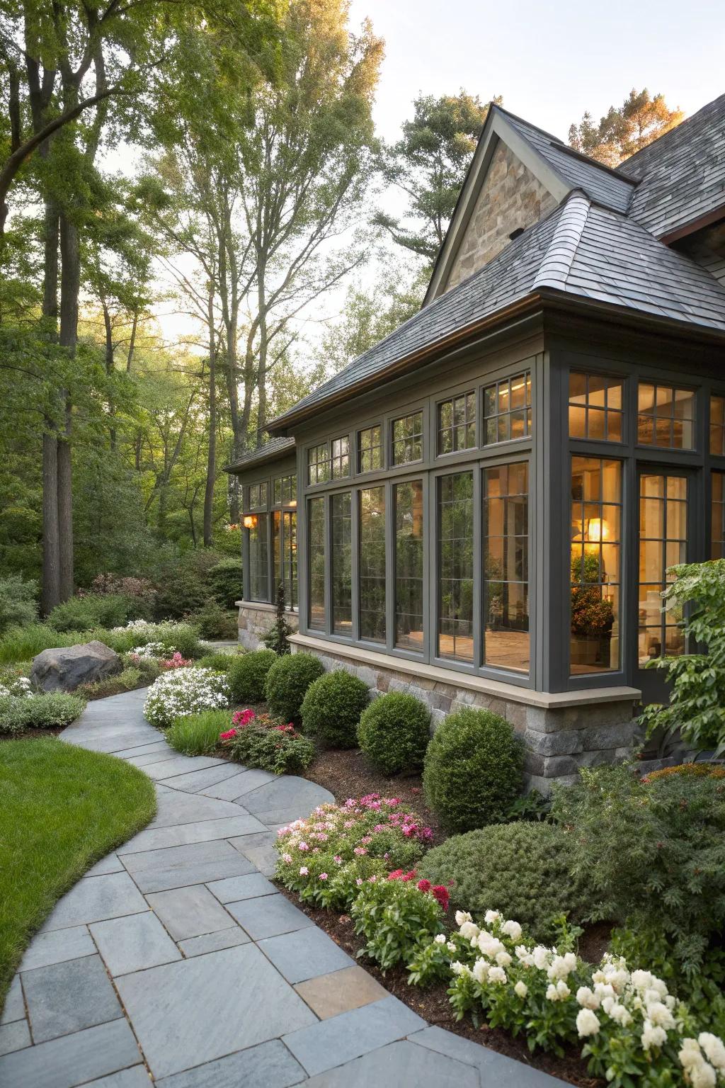 Slate siding adds sophistication and texture to this sunroom.