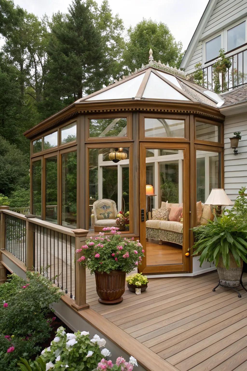 A European-style conservatory exudes timeless elegance.
