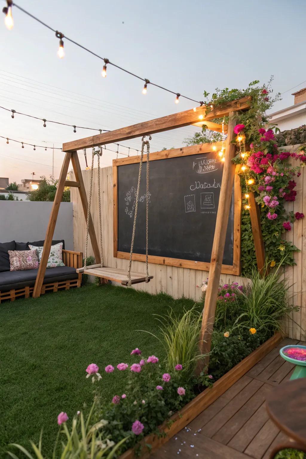 Chalkboard wall next to the swingset for creative play.