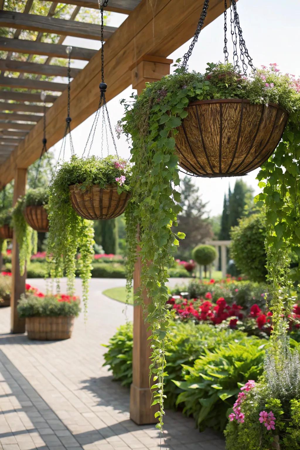 Enhance your garden with lush hanging plant baskets.