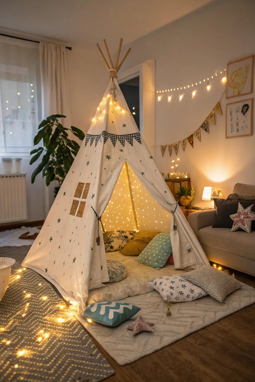 A camping-themed teepee brings the great outdoors inside.