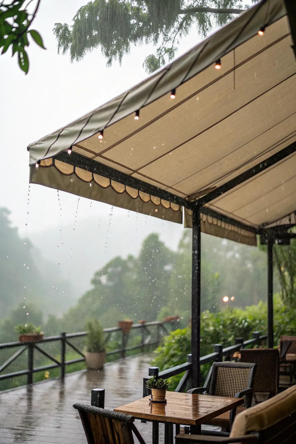 A waterproof fabric awning ensuring outdoor comfort during rain.