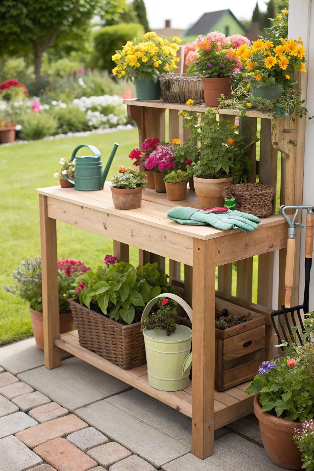 A potting bench that serves as a functional and stylish centerpiece.