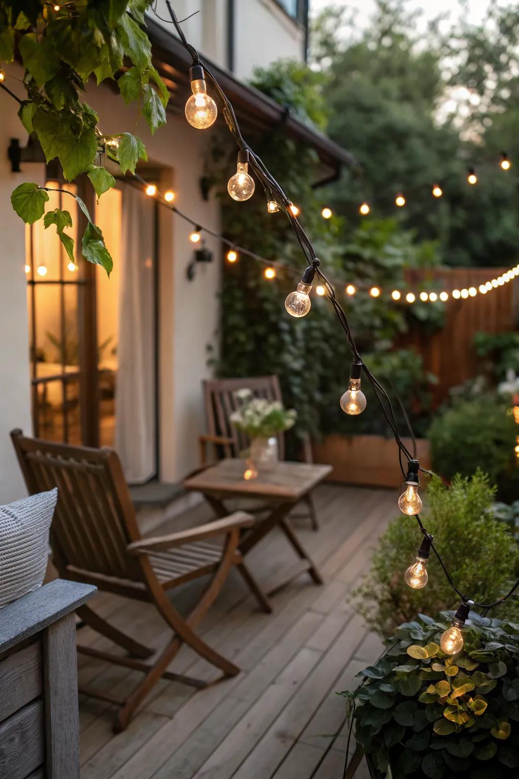 Whimsical fairy lights add a magical touch to a terrace.