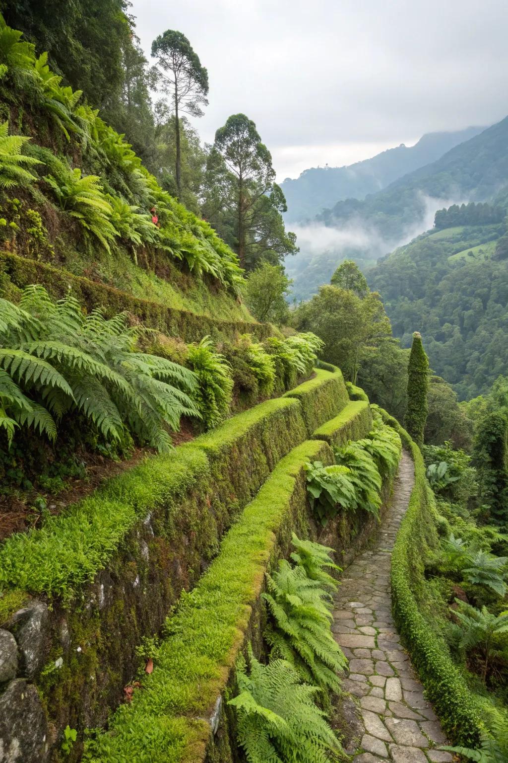 Terraced garden featuring a lush green wall of ferns and mosses, adding vertical interest on a slope.