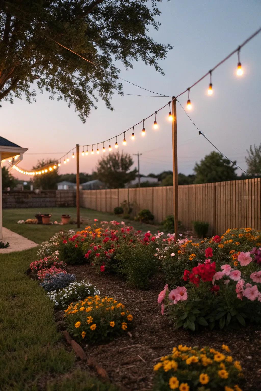 Garden lights highlight the beauty of this Texas flower bed.
