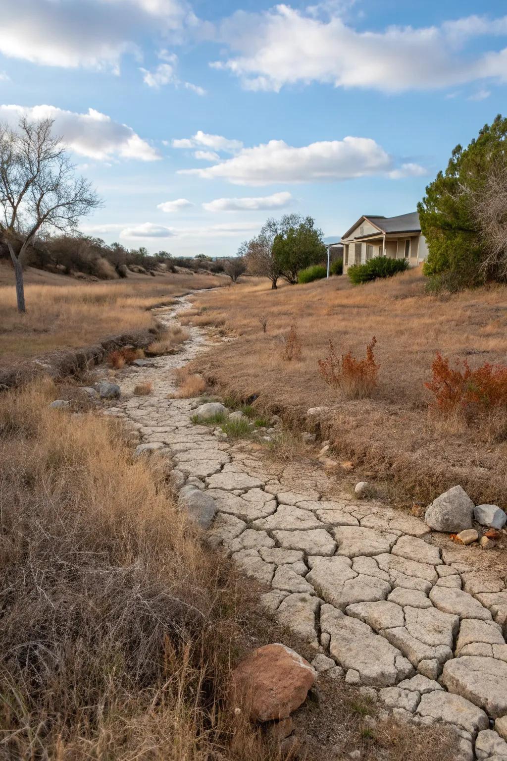 A dry creek bed providing beauty and functional drainage.