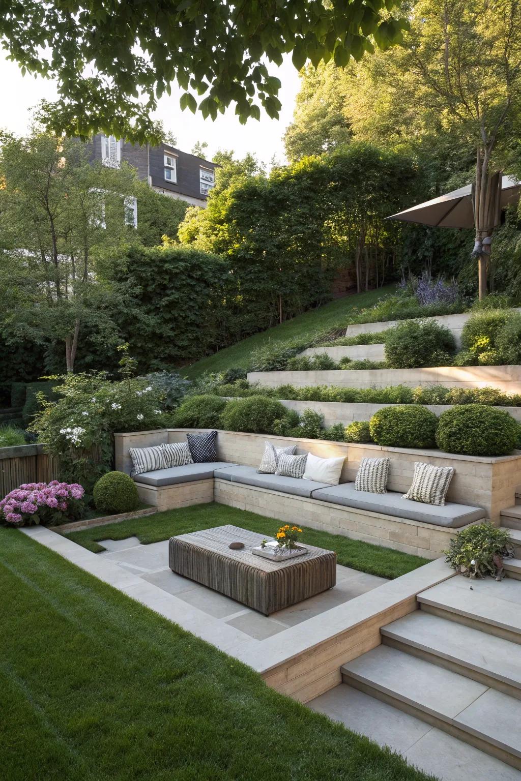 A sunken lounge area offers intimacy and comfort.