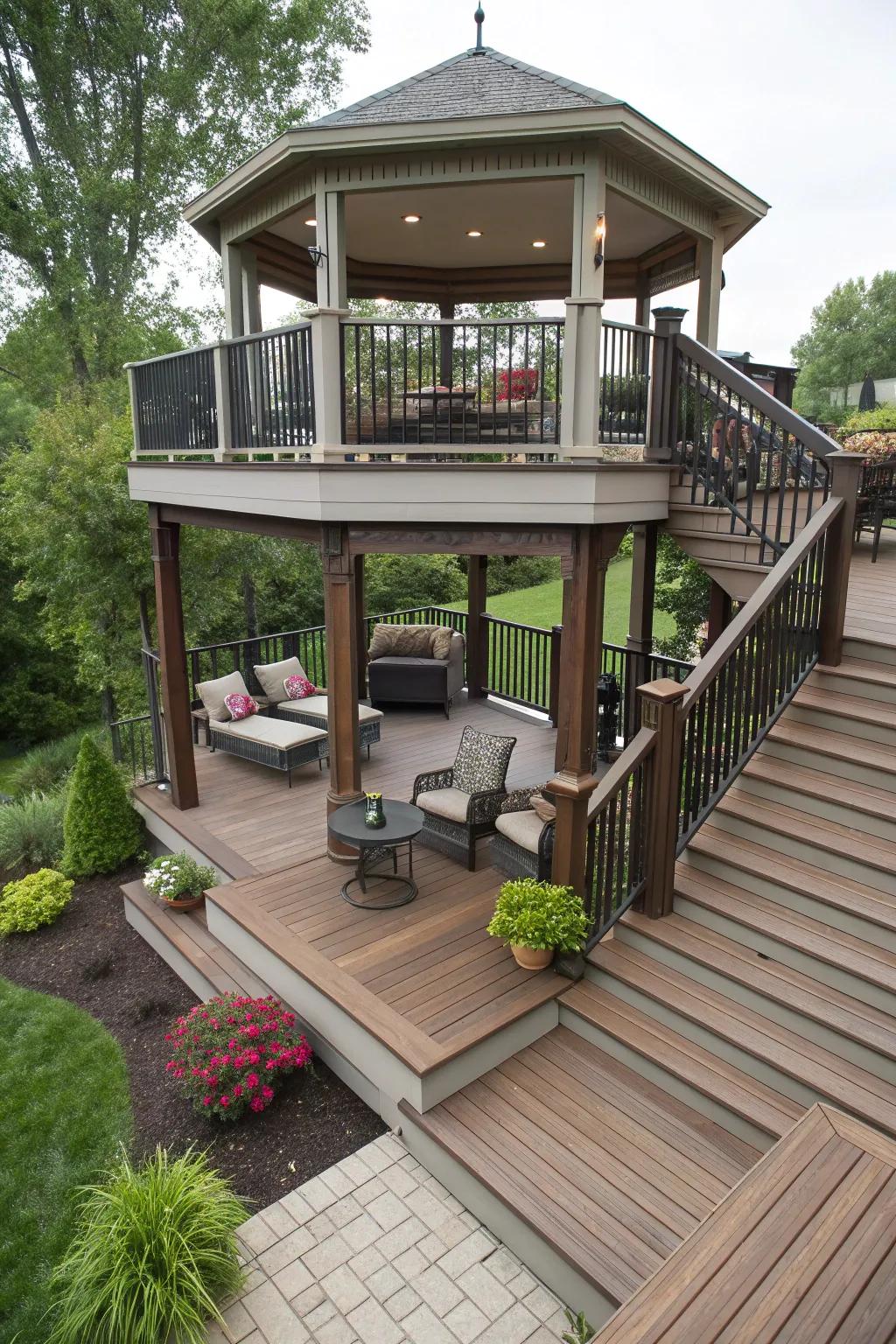 A covered section for all-weather enjoyment on a tiered deck.