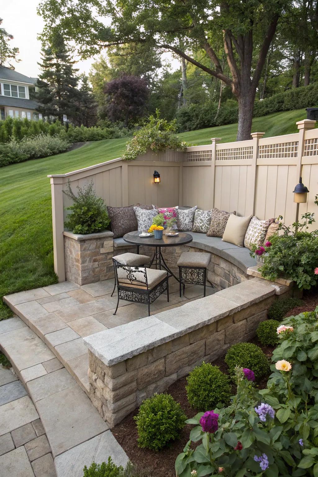 A retaining wall that offers both privacy and a cozy seating nook.