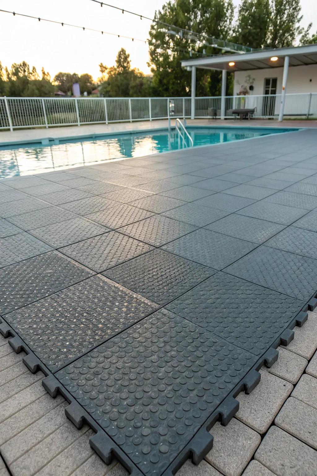 Interlocking rubber tiles provide a practical, non-slip surface.