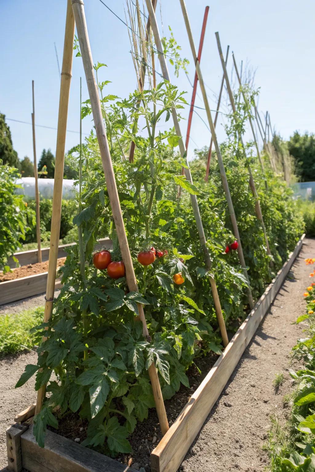Dual-purpose floating row cover supports for tomatoes.
