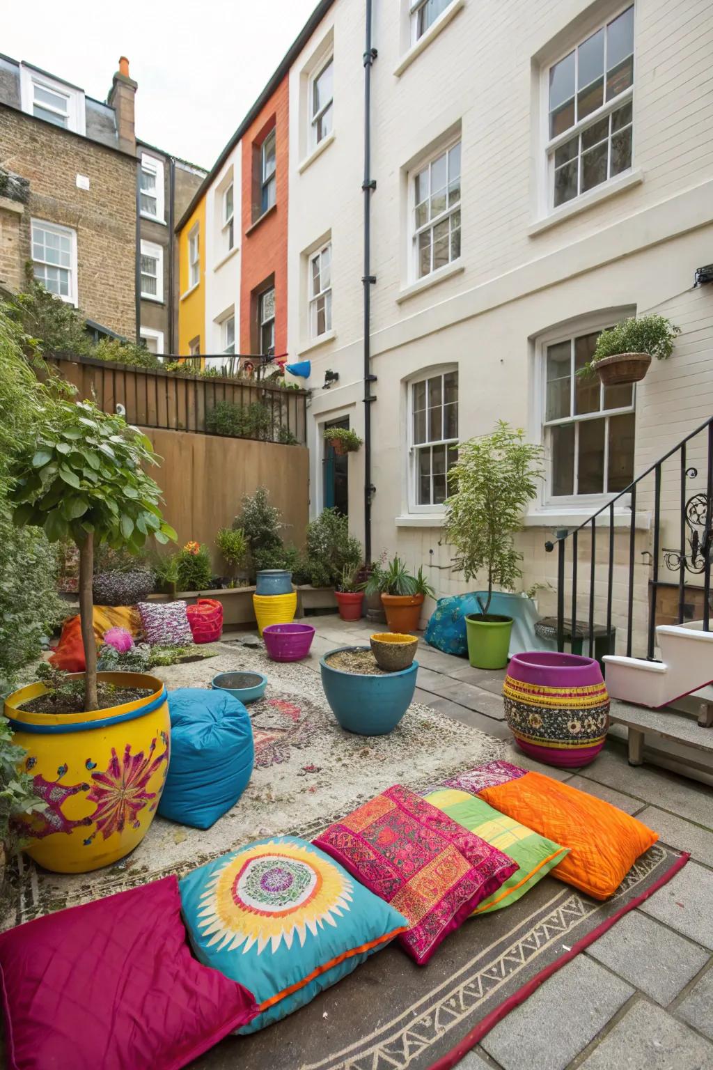 Colorful accents add vibrancy and life to the courtyard.